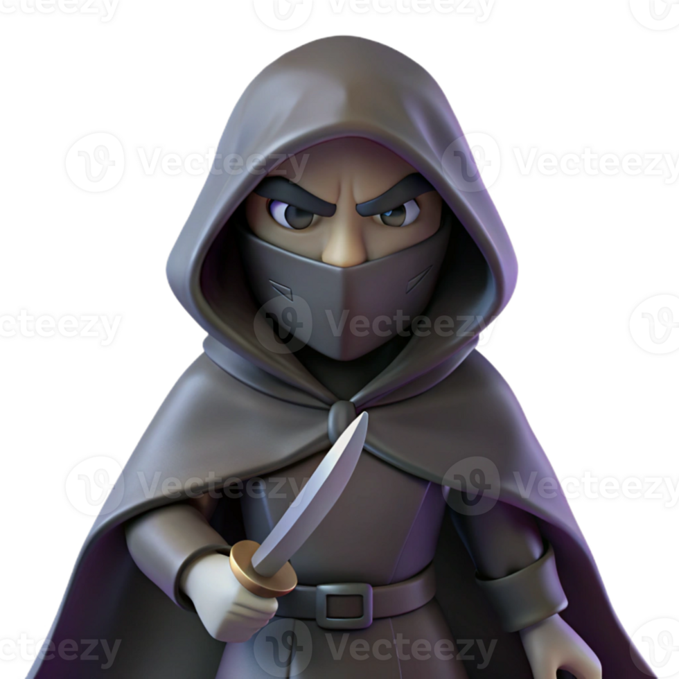 dramatic rustic A cunning rogue with a hooded cloak and a pair of daggers, lurking in the shadows. Low-key lighting, noir style original png