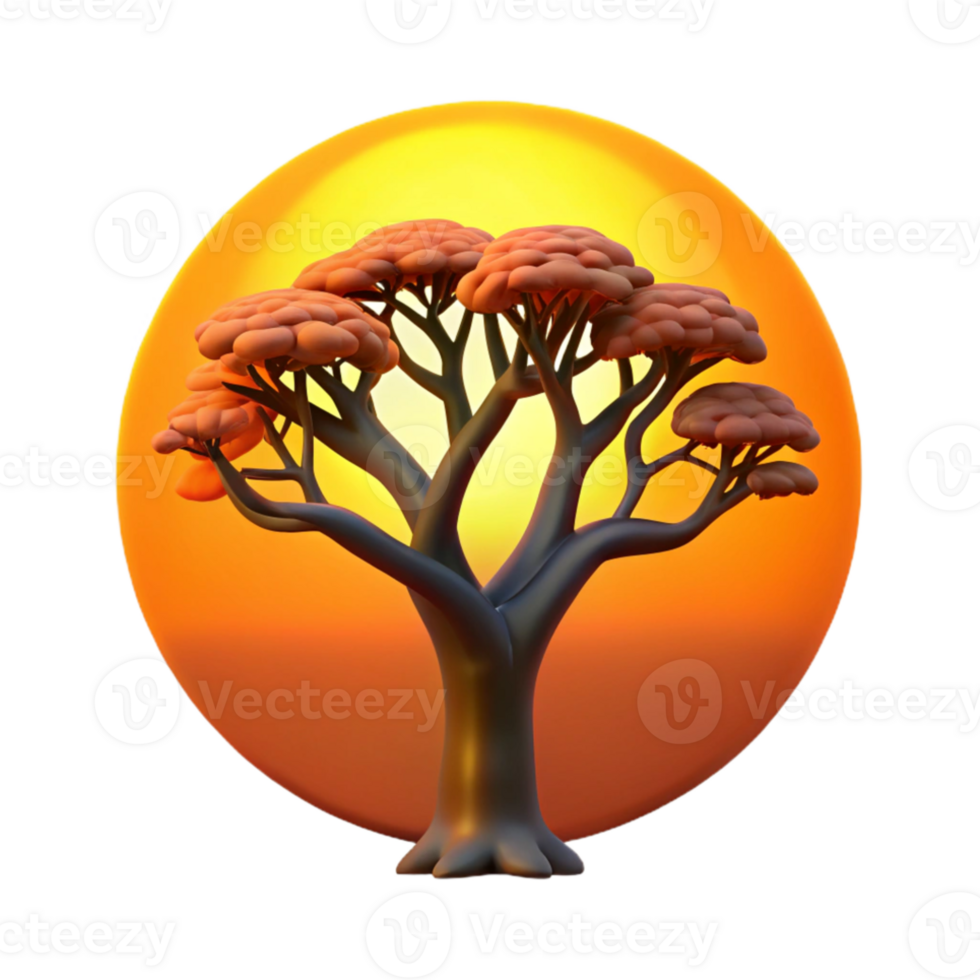 wonderful minimalist A gnarled oak tree silhouetted against a vibrant orange sunset, painted in the style of Albert Bierstadt 4K png