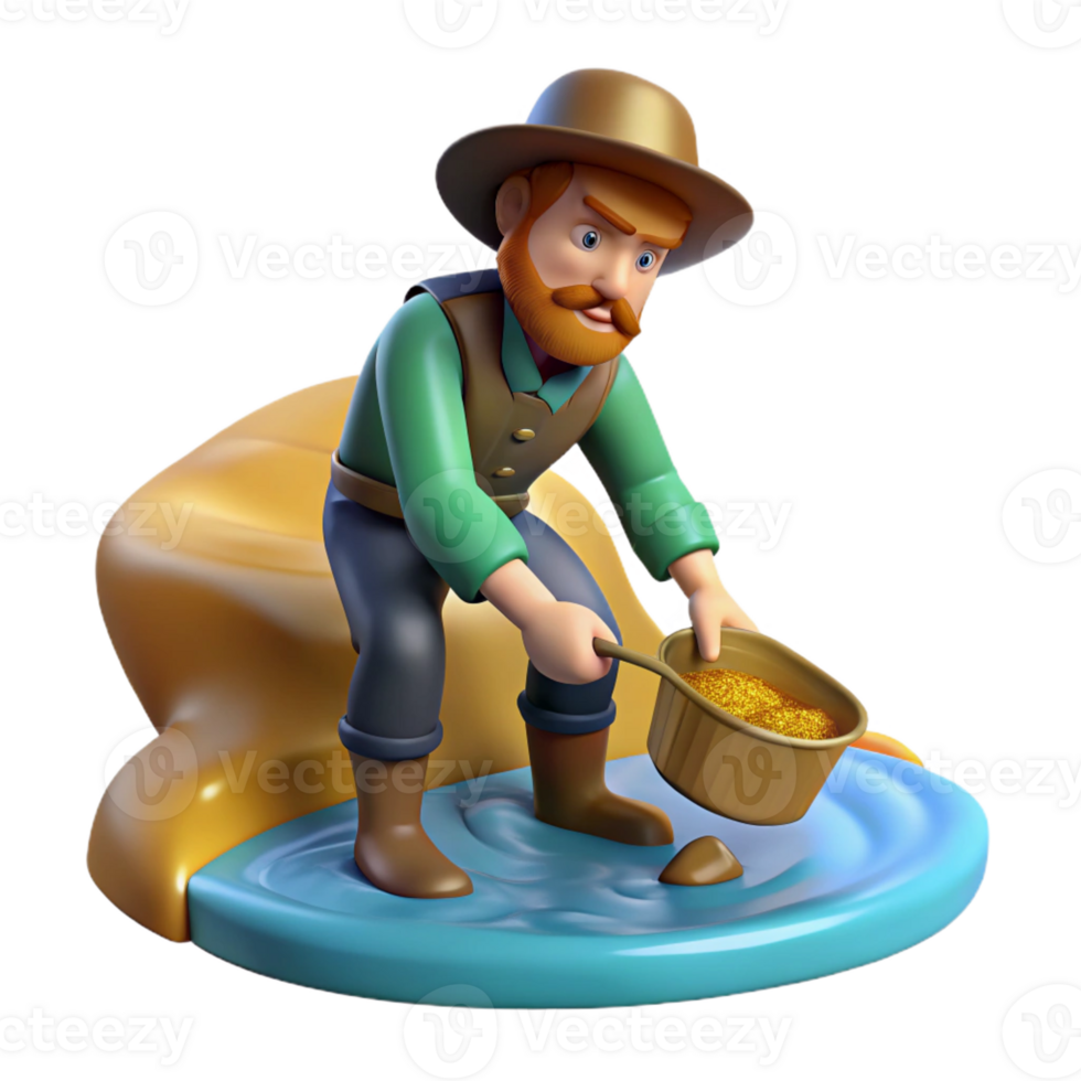 extraordinary artistic A gold rush prospector panning for gold in a river, bright, midday sunlight, realistic photographic style authentic png