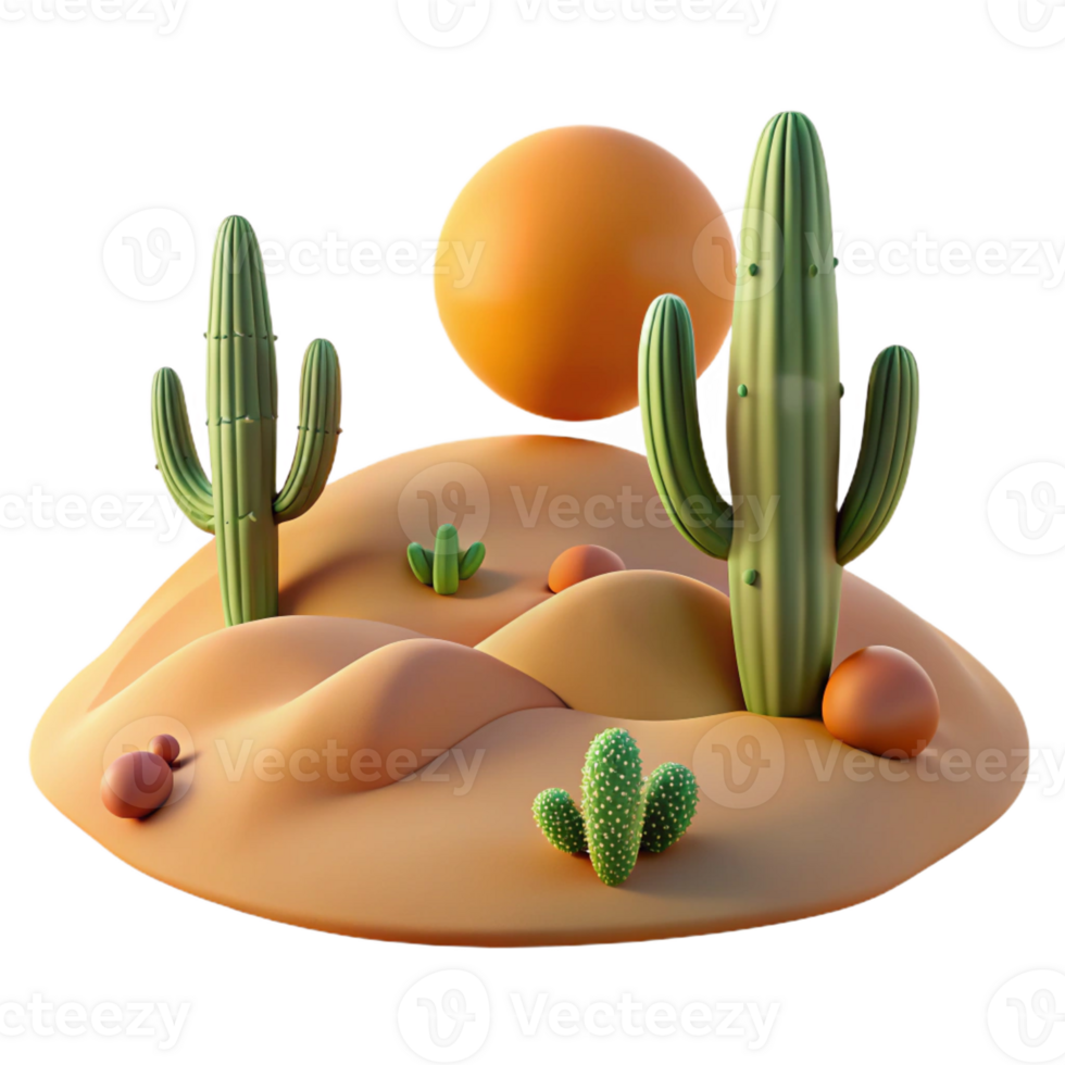 extraordinary modern A desert landscape with cacti and sand dunes, harsh sunlight, warm colors, realistic style, exclusive png