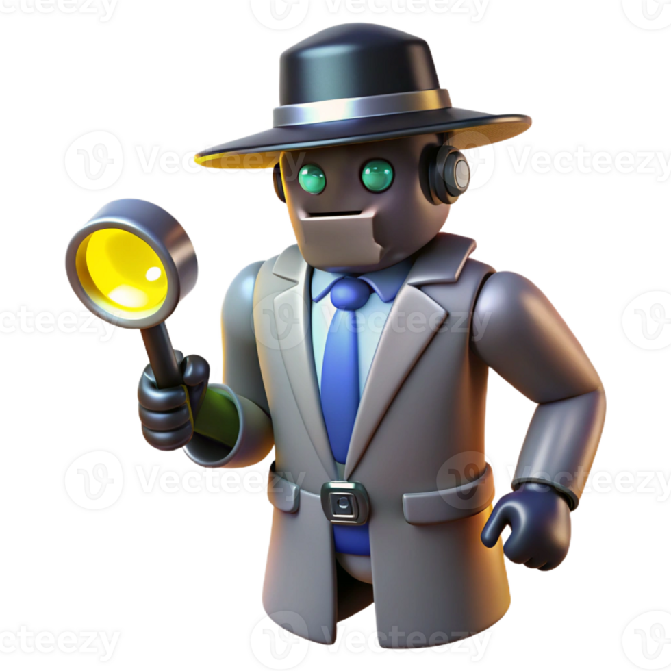 vibrant classic A robot detective investigating a crime scene, lit by dramatic, noir-style lighting in a detective story style original png