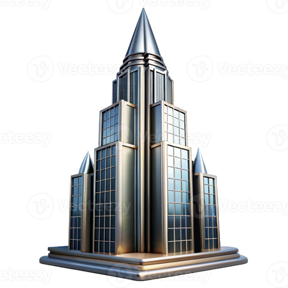 magnificent artistic Art Deco skyscraper, chrome and glass, sharp edges, volumetric lighting, high contrast, low angle perspective high resolution png