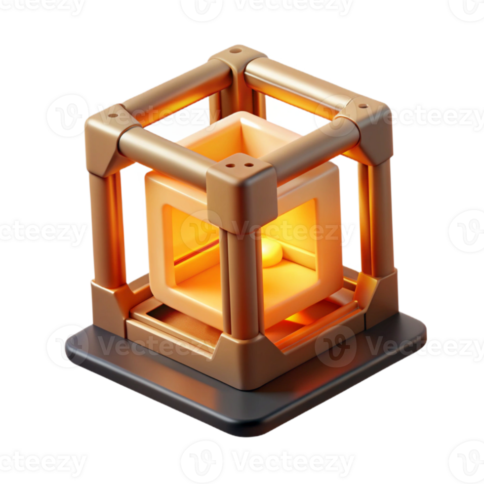 elegant minimalist A 3D printer creating a complex geometric shape layer by layer, glowing with orange filament, lit by a warm workshop light, realistic style exclusive png