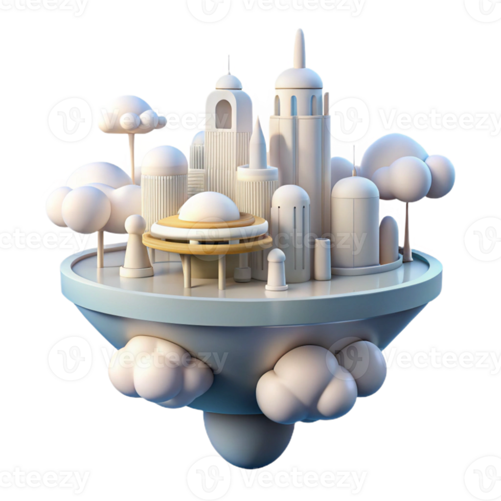 vibrant minimalist Cloud city, floating platforms, gleaming white architecture, soft diffused lighting, utopian atmosphere high resolution png
