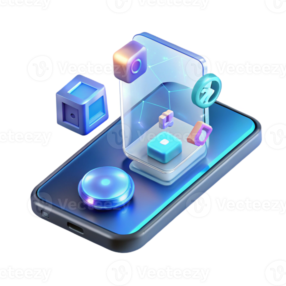 extraordinary minimalist A transparent smartphone displaying a holographic interface, futuristic icons and widgets floating above the screen, cool blue lighting, minimalist design authentic png