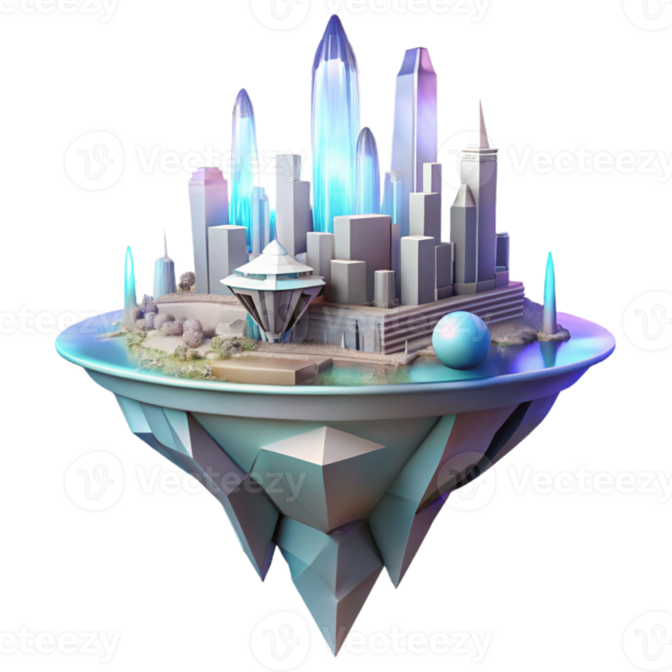 dramatic modern Floating island city, futuristic architecture, crystalline structures, ethereal glow, dreamlike atmosphere detailed png