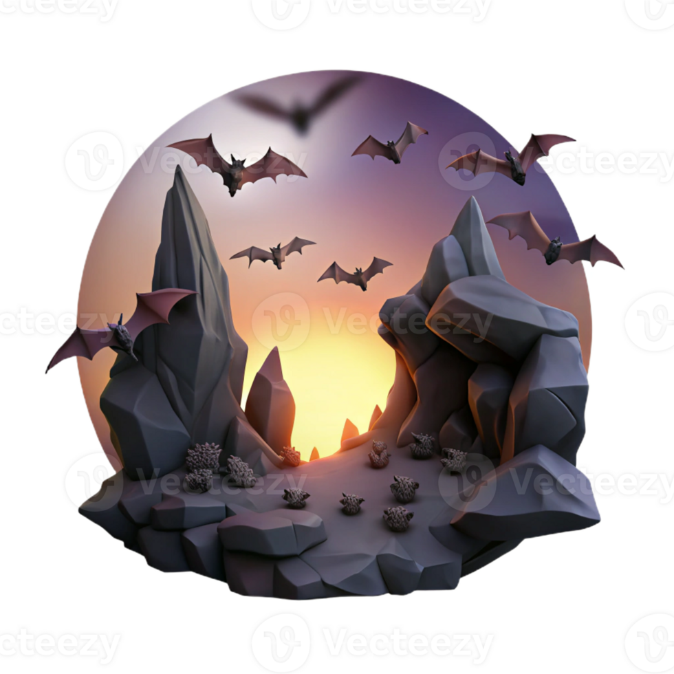 vibrant rustic A colony of bats flying out of a dark cave at dusk, silhouetted against the twilight sky, in a spooky, gothic style high quality png