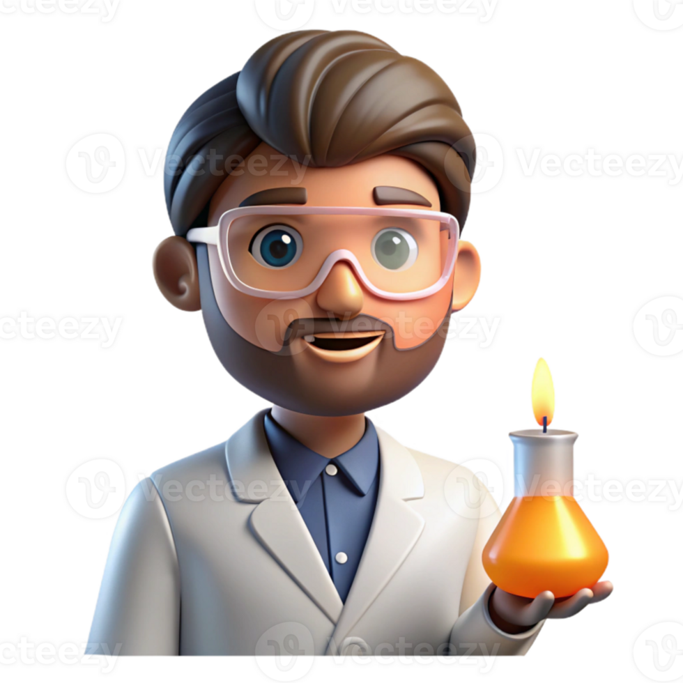 vibrant abstract Portrait of a curious scientist with lab goggles and a beaker, lit by the glow of a Bunsen burner, in a scientific illustration style professional png