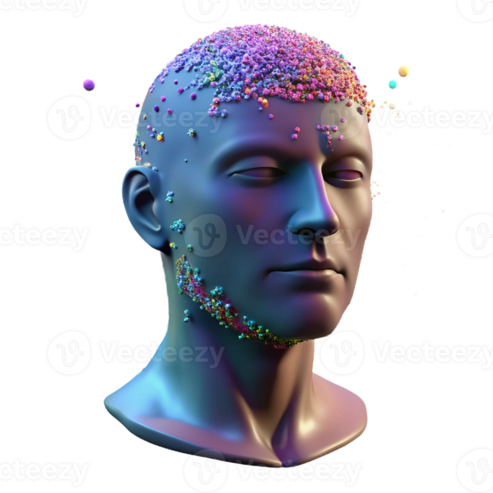 serene creative A human face dissolving into a cascade of colorful particles, lit by a strobe light effect, Glitch Art style 4K png