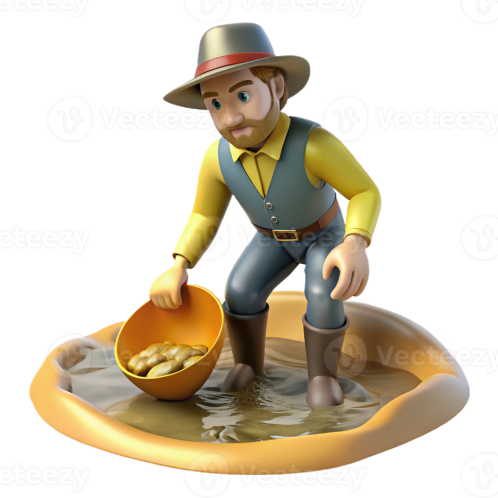 magnificent modern A gold rush prospector panning for gold in a river, bright, midday sunlight, realistic photographic style detailed png