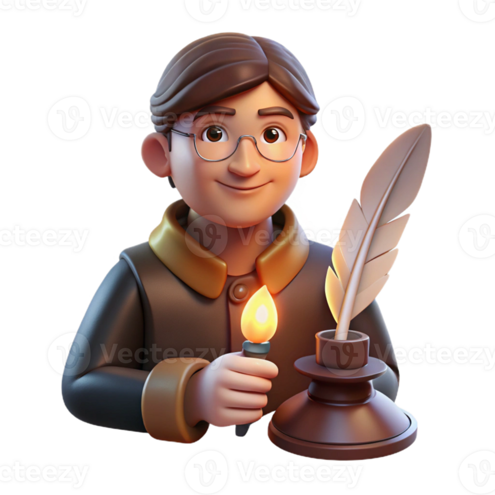 stunning modern Portrait of an imaginative writer with a quill pen and a thoughtful expression, lit by the warm glow of a desk lamp, in a literary portrait style high quality png