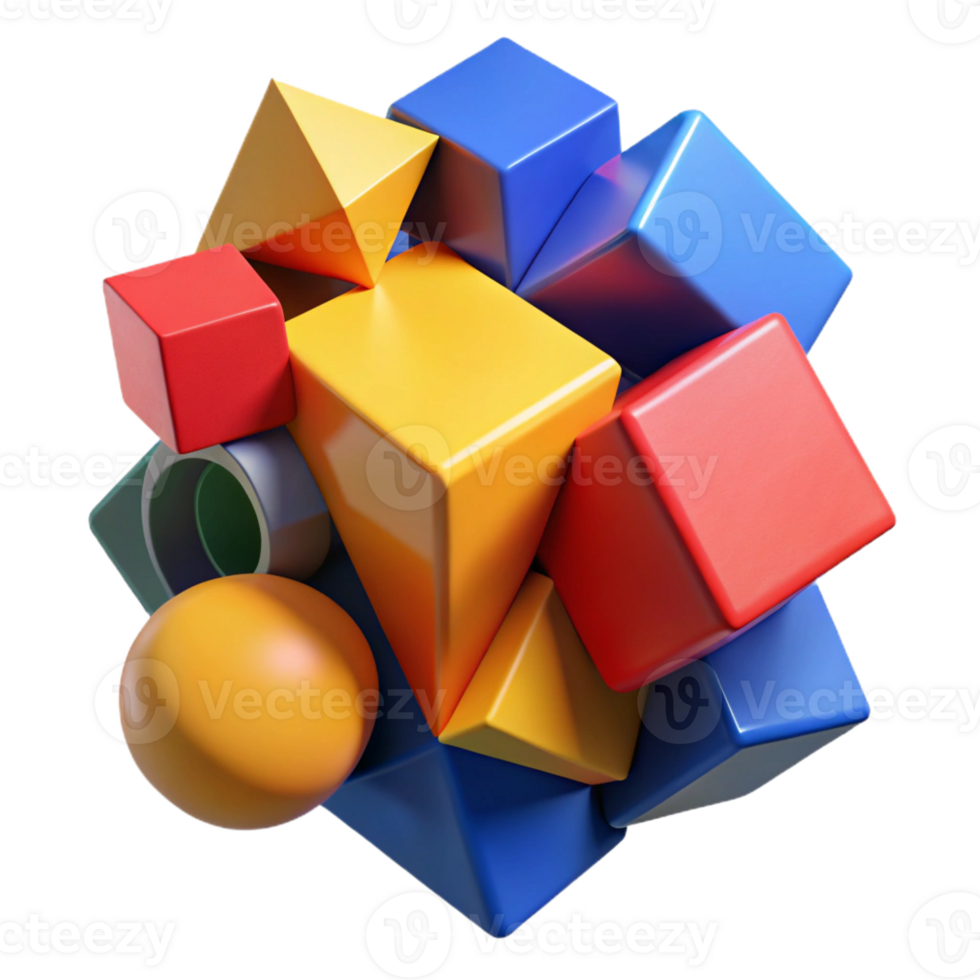 wonderful modern A dynamic composition of fragmented, geometric shapes, rendered in bold, primary colors, cubist style high resolution png