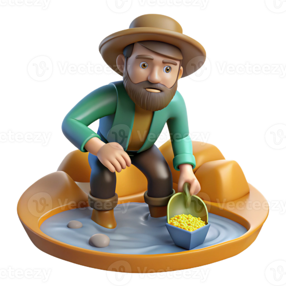 extraordinary minimalist A gold rush prospector panning for gold in a river, bright, midday sunlight, realistic photographic style genuine png