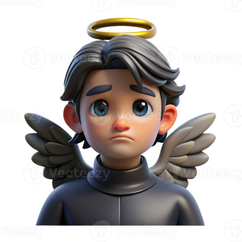 vibrant creative Portrait of a fallen angel with black wings, shadowed eyes, and a sorrowful expression. Dark, dramatic lighting with a single ray of light high quality png