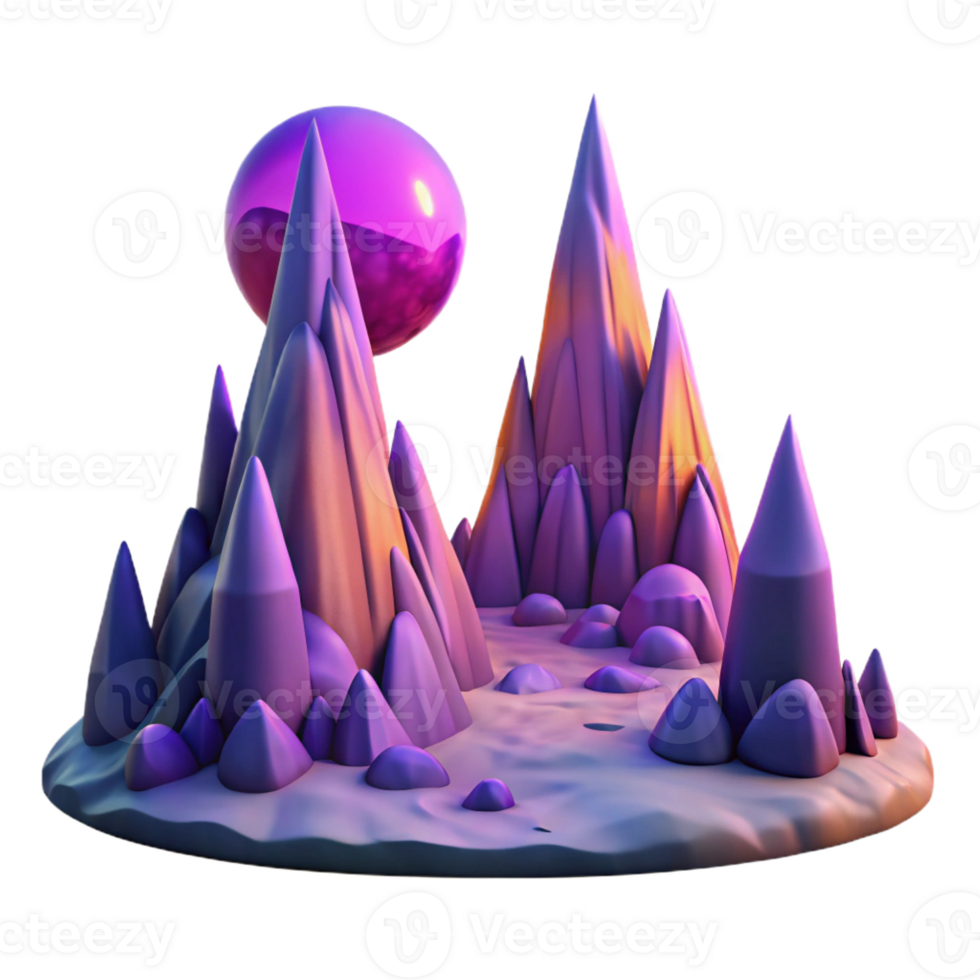 dramatic minimalist A desolate alien landscape, jagged purple rock formations under a double sunset, two moons visible, retrofuturistic style, matte painting original png