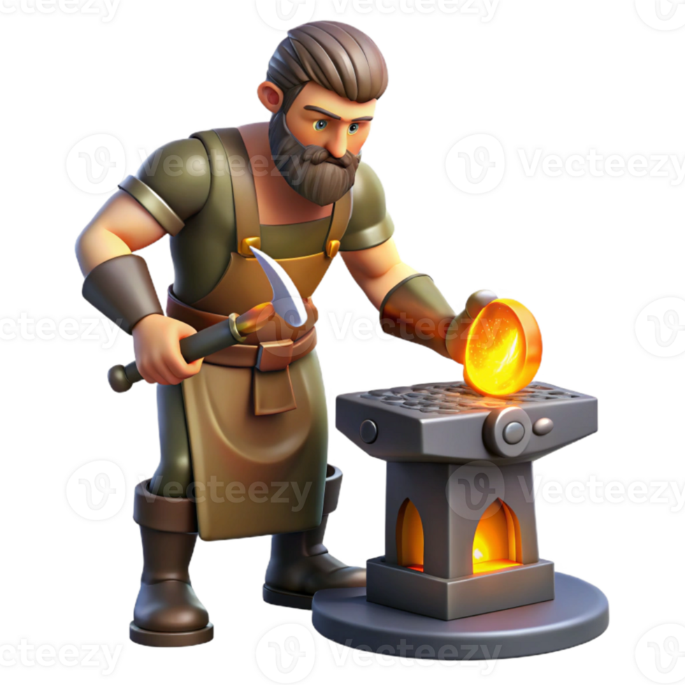 serene vintage A skilled Hephaestus forging a magical weapon in his forge, classical style, fiery lighting premium png