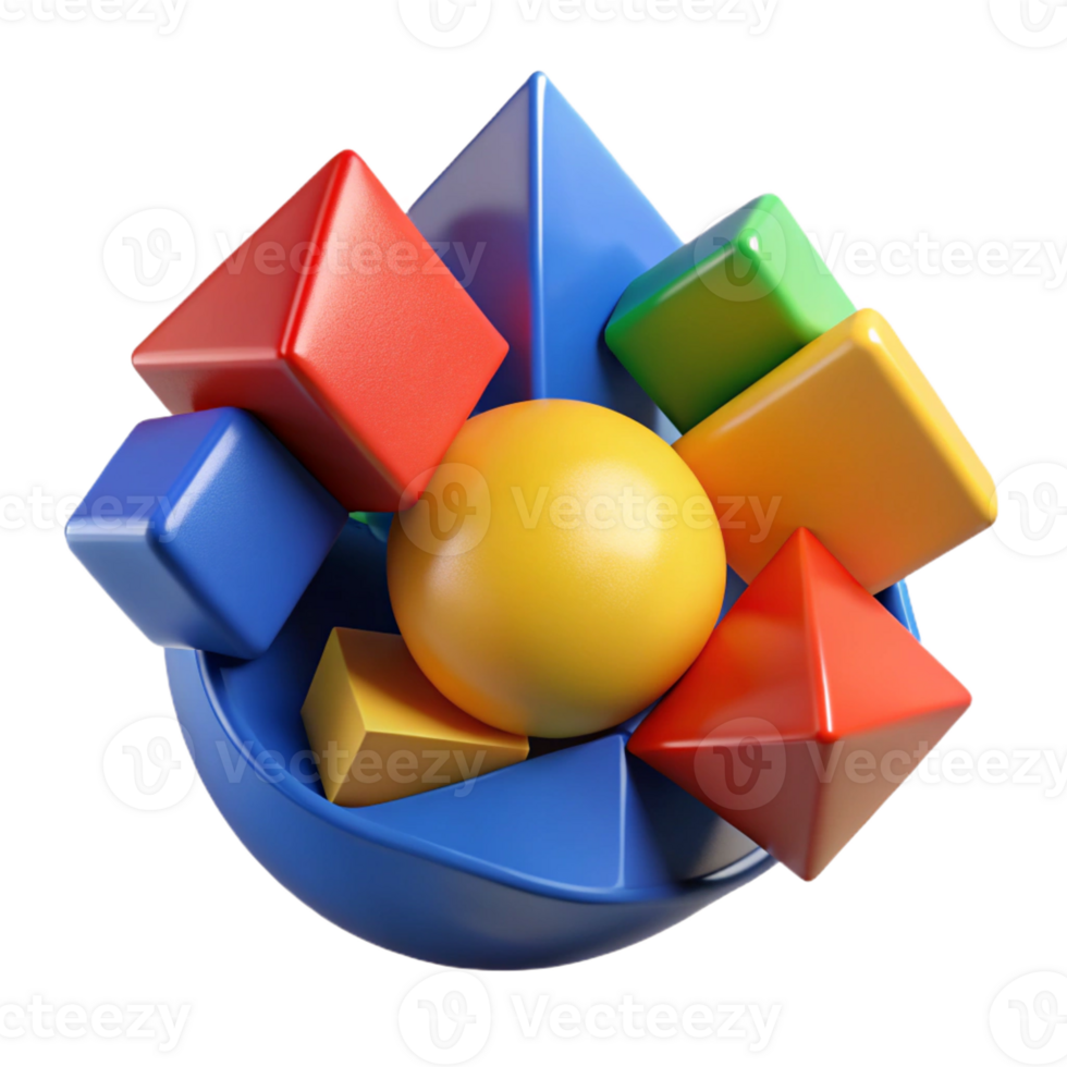 vibrant minimalist A dynamic composition of fragmented, geometric shapes, rendered in bold, primary colors, cubist style authentic png