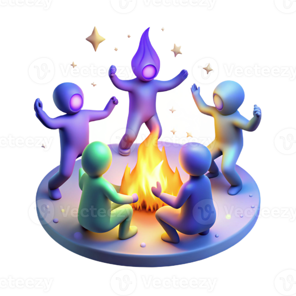 elegant contemporary A group of glowing, spectral figures dancing around a bonfire, under a starry night sky, illuminated by the flickering flames. Spiritual art style authentic png