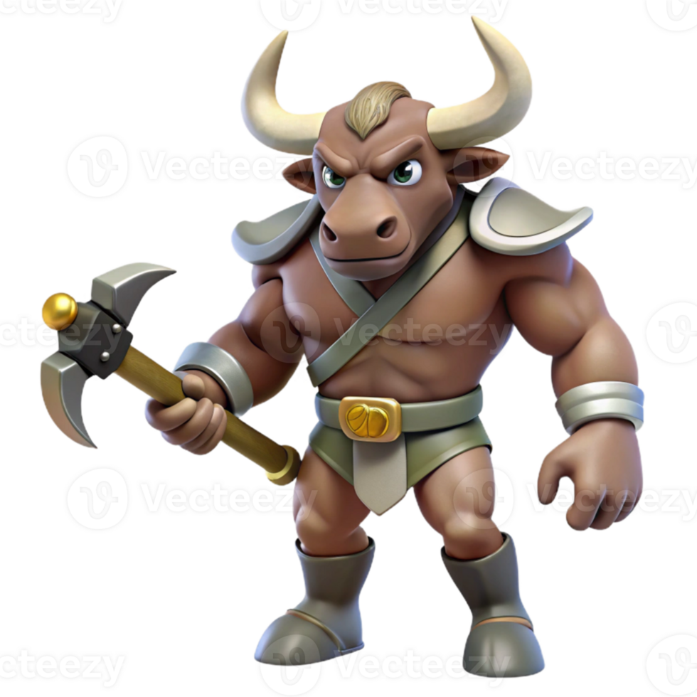 extraordinary classic A fierce minotaur with a bull's head and human body, wielding a giant axe. Greek mythology style high resolution png