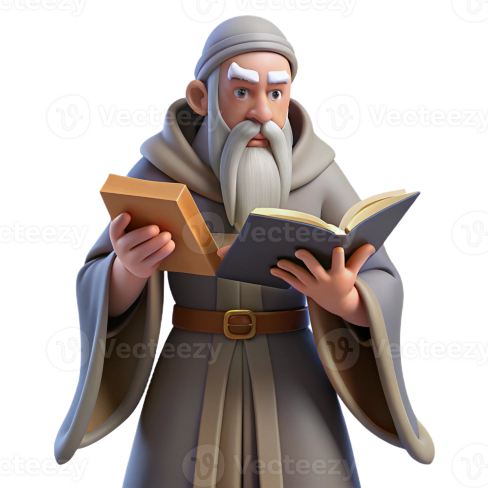 elegant minimalist A wise old wizard with a long white beard and flowing robes, reading from an ancient tome. Soft lighting, classical painting style professional png