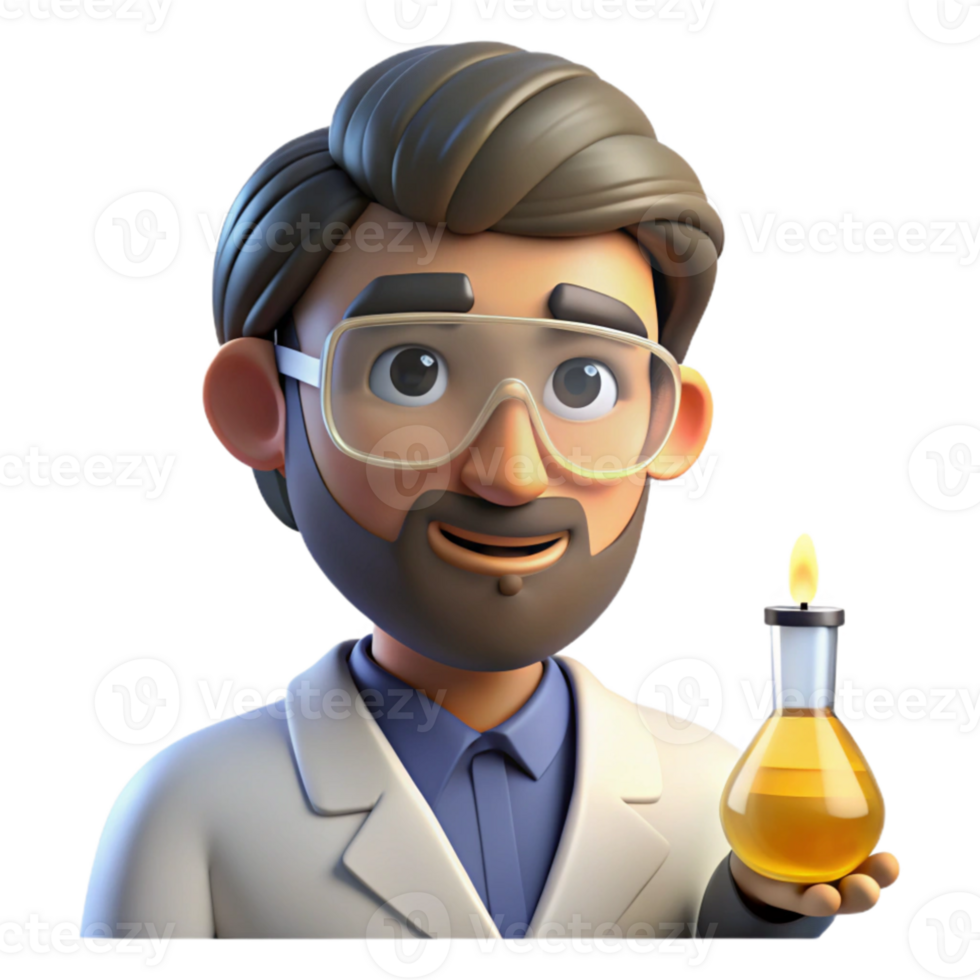 extraordinary vintage Portrait of a curious scientist with lab goggles and a beaker, lit by the glow of a Bunsen burner, in a scientific illustration style high resolution png