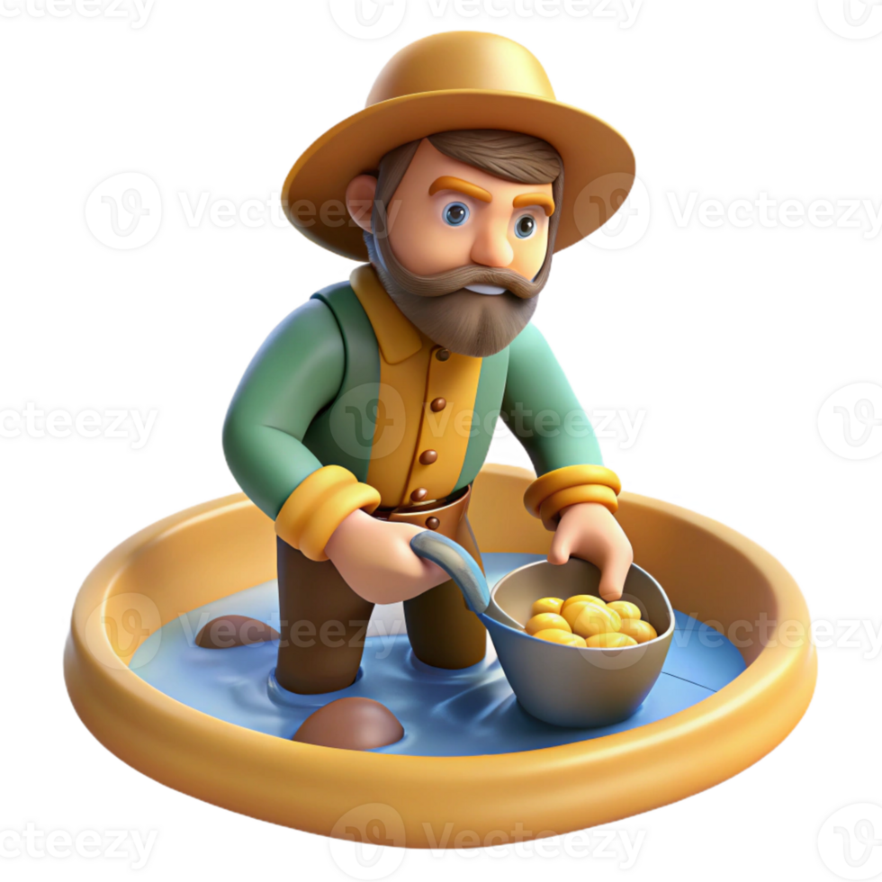 stunning classic A gold rush prospector panning for gold in a river, bright, midday sunlight, realistic photographic style detailed png