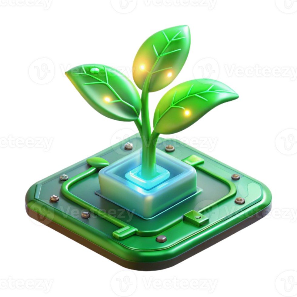 stunning artistic A bioluminescent plant growing from a circuit board, soft green lighting, surreal style high resolution png