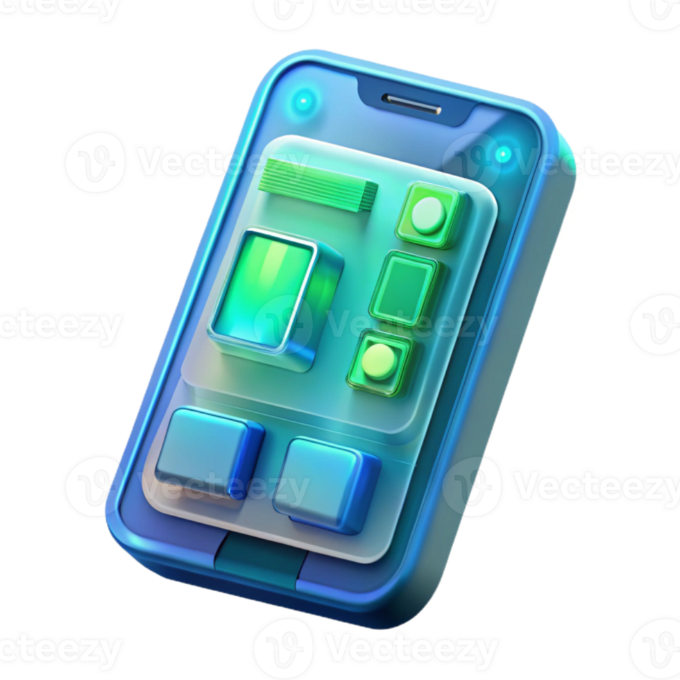impressive vintage A transparent smartphone displaying a complex user interface, cool blue and green lighting, futuristic style genuine png