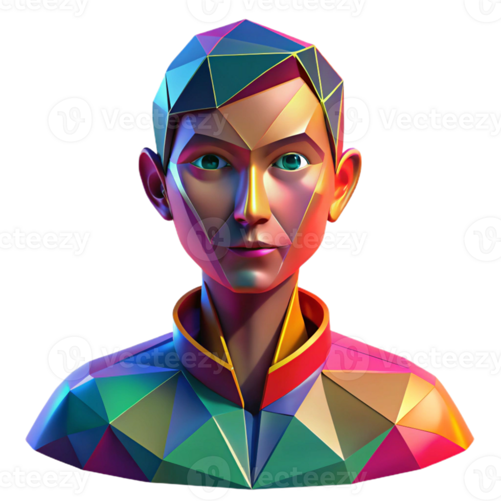 impressive classic Portrait of a person composed entirely of geometric shapes, with vibrant colors and sharp lines, lit by a bright, multicolored light, in an abstract style professional png