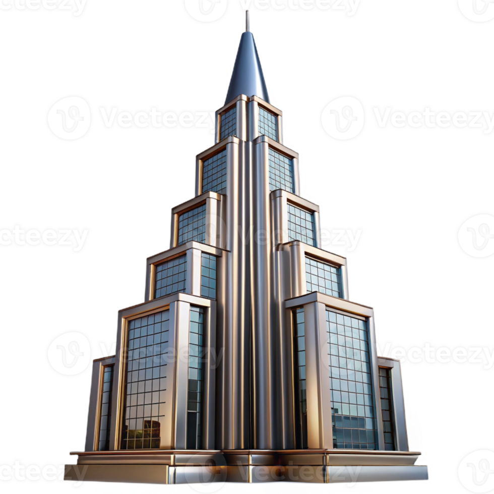 dramatic abstract Art Deco skyscraper, chrome and glass, sharp edges, volumetric lighting, high contrast, low angle perspective high quality png