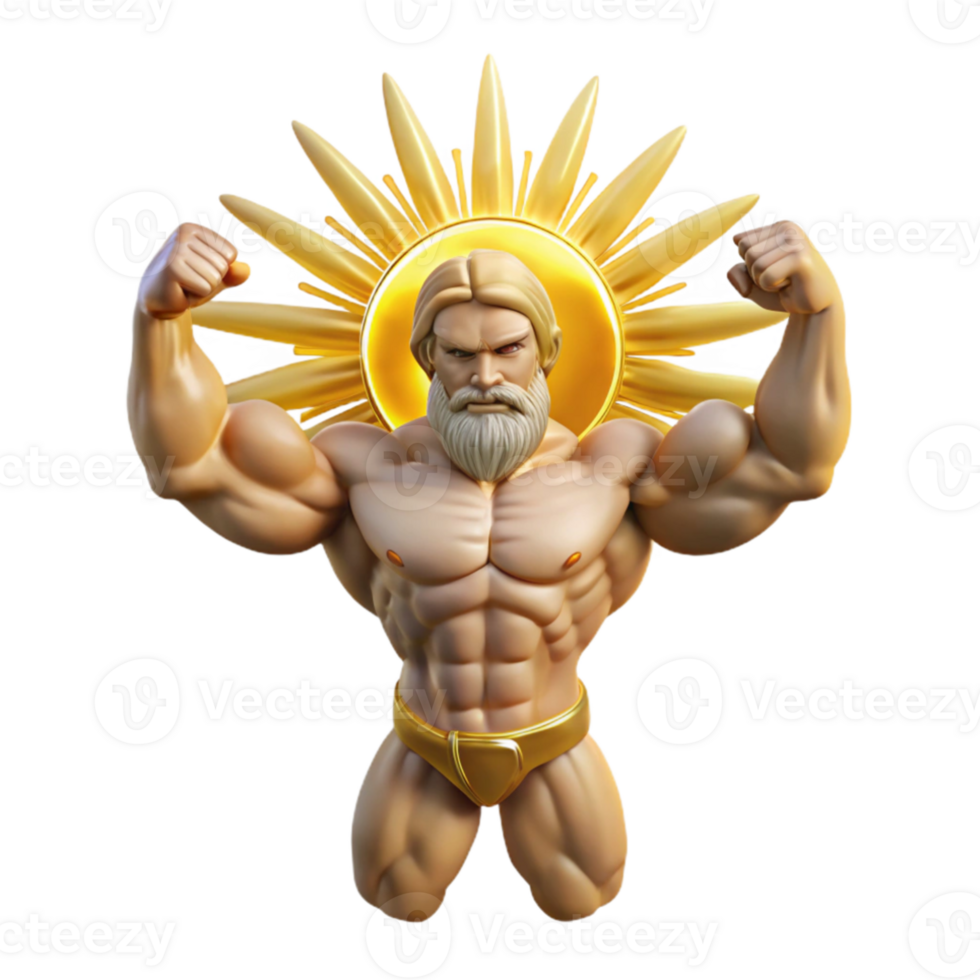 serene contemporary A powerful titan holding up the sky, muscles straining under the immense weight, lit by the golden rays of the sun, in a classical Greek style original png