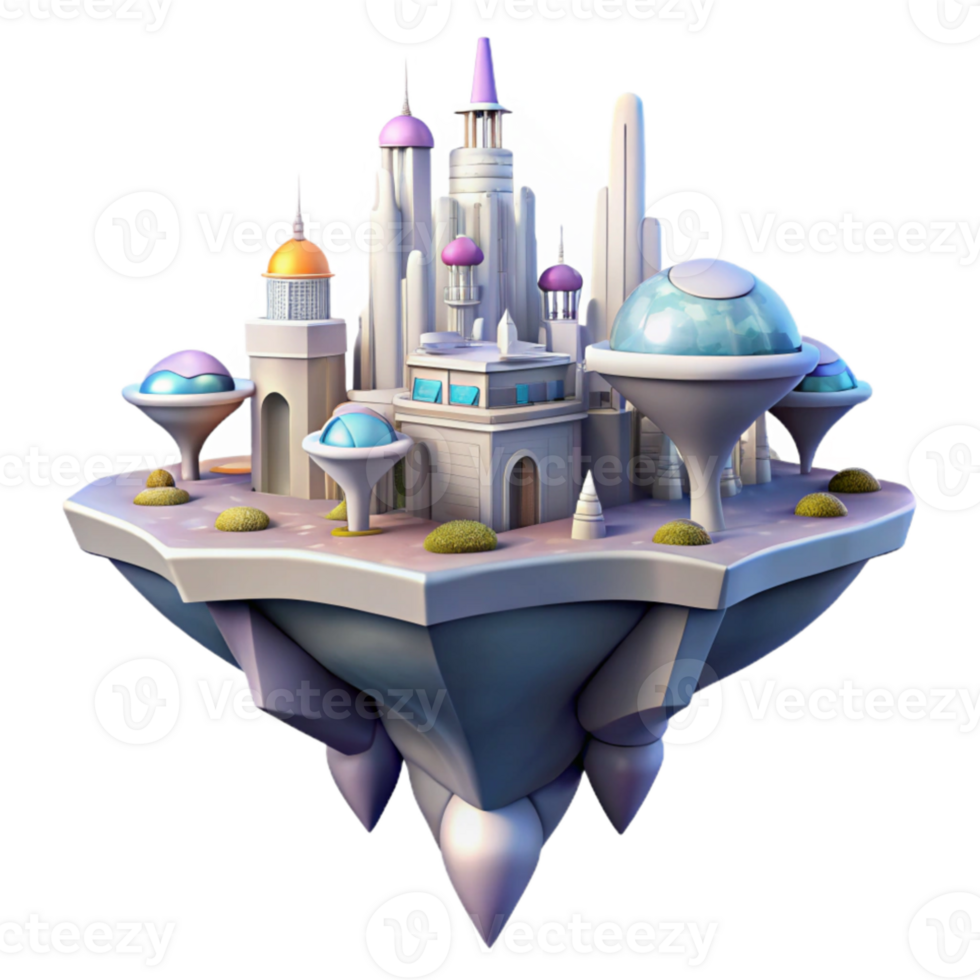 extraordinary artistic Floating island city, futuristic architecture with gravity-defying structures, clouds and sky reflections, dreamy fantasy art style 4K png
