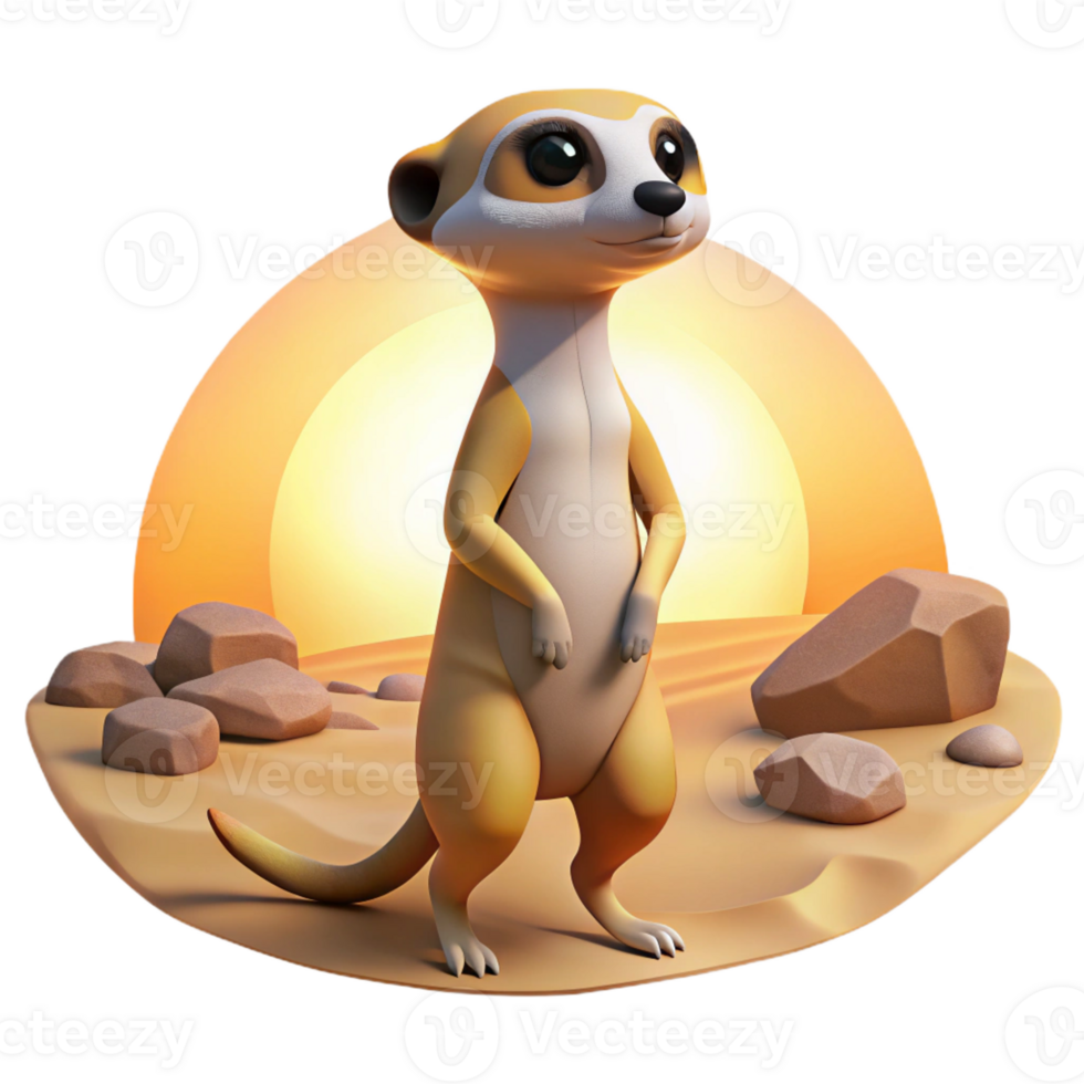 extraordinary traditional A curious meerkat standing on its hind legs, scanning the desert landscape, midday sun with warm desert tones, cartoon style high quality png