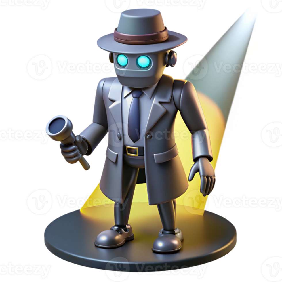 extraordinary creative A robot detective investigating a crime scene, lit by dramatic, noir-style lighting in a detective story style detailed png