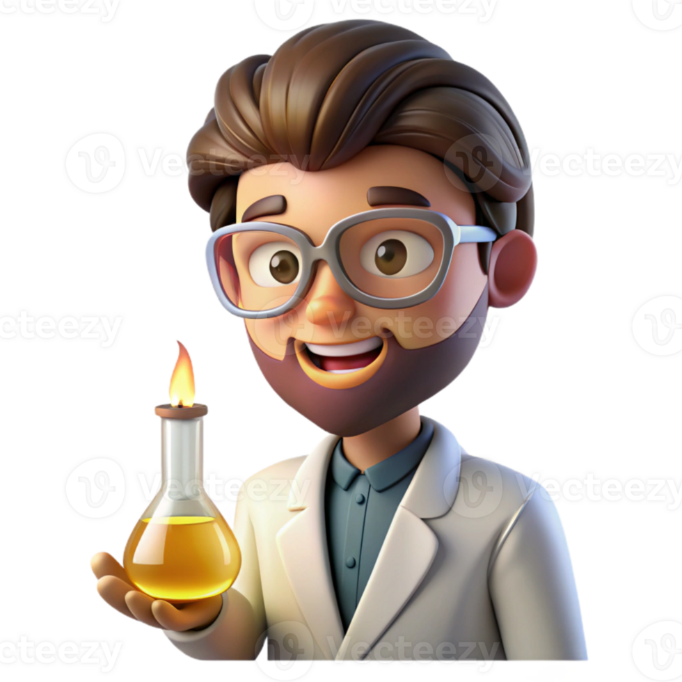 serene minimalist Portrait of a curious scientist with lab goggles and a beaker, lit by the glow of a Bunsen burner, in a scientific illustration style high resolution png