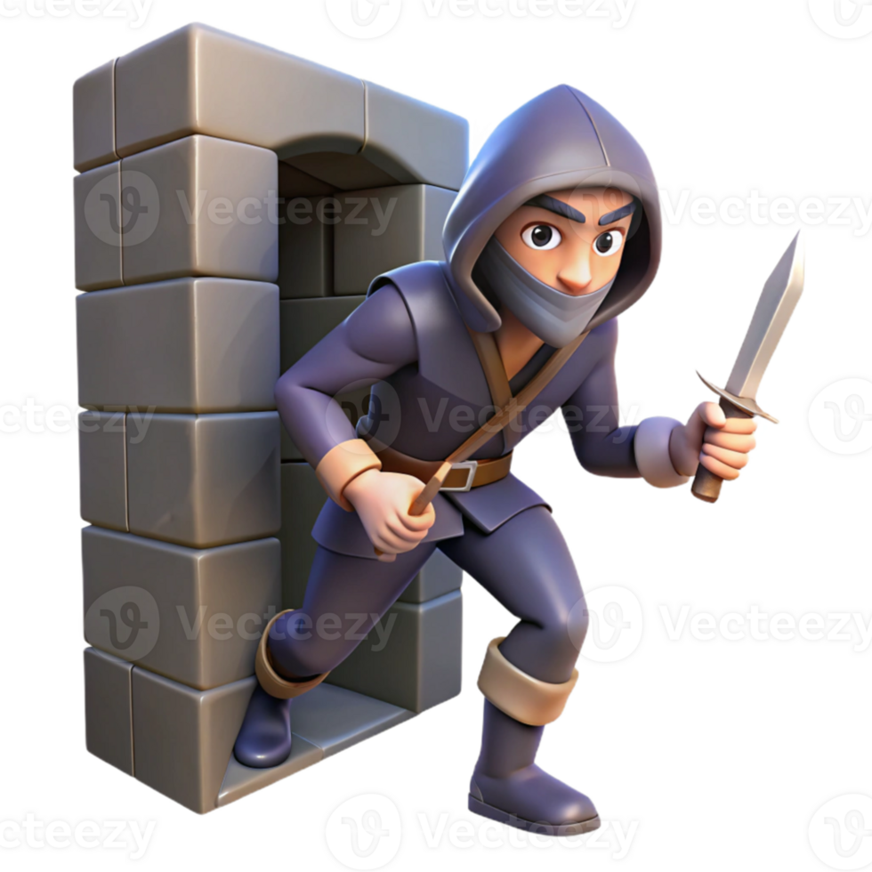 stunning abstract A cunning rogue with a hidden dagger, sneaking through a shadowy alleyway. Low-poly style exclusive png