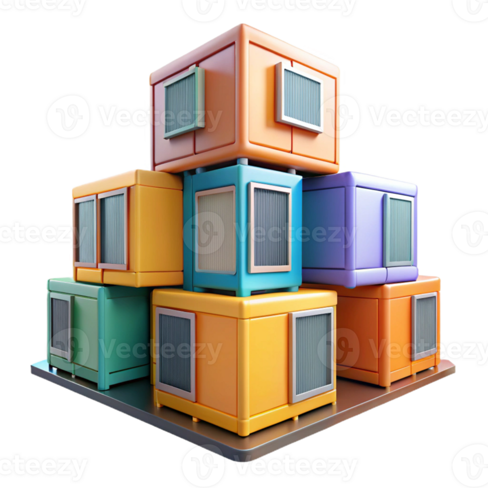 magnificent abstract Prefabricated modular housing units, stacked in a geometric arrangement, vibrant colored panels, futuristic city backdrop lighting original png