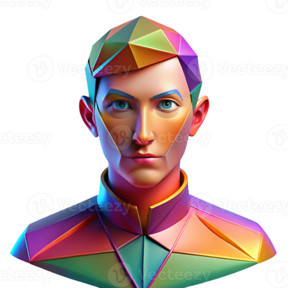 stunning classic Portrait of a person composed entirely of geometric shapes, with vibrant colors and sharp lines, lit by a bright, multicolored light, in an abstract style premium png