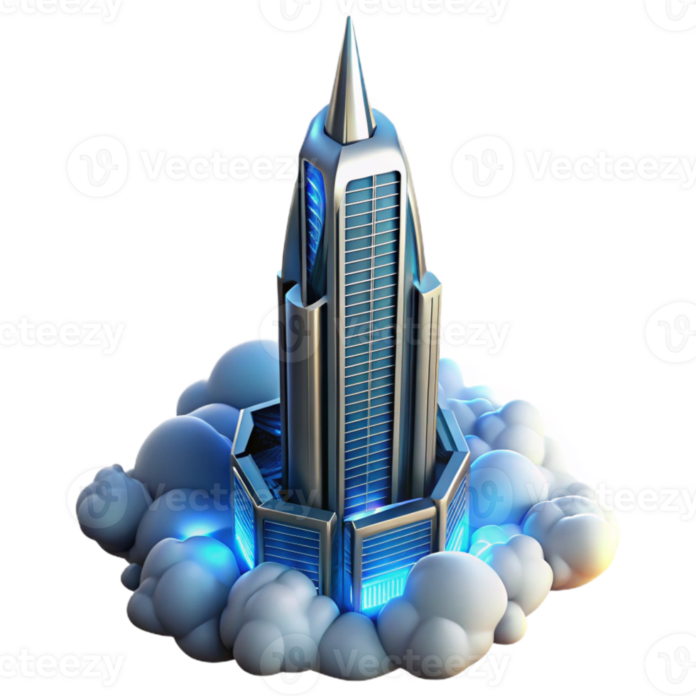 vibrant creative A futuristic skyscraper piercing the clouds, sleek metallic surface, glowing windows, dynamic lighting genuine png