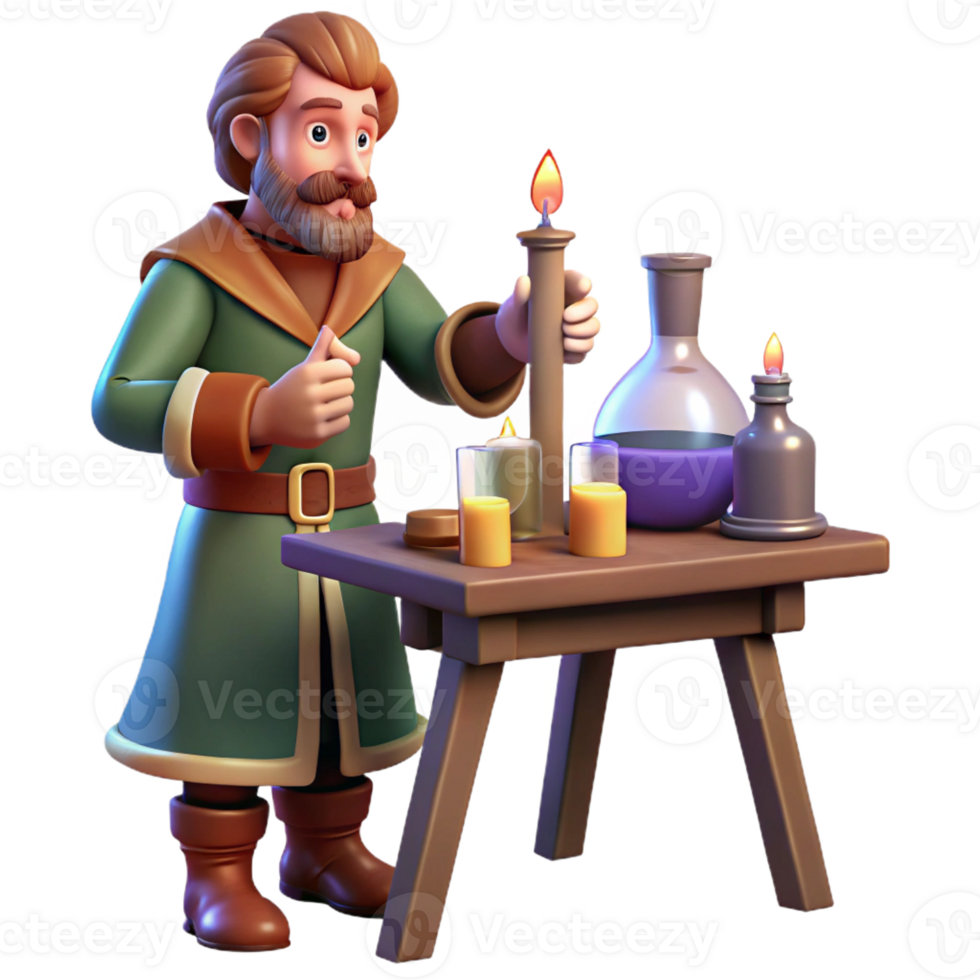 dramatic minimalist A medieval alchemist works in his laboratory, flickering candlelight, fantasy painting style high resolution png