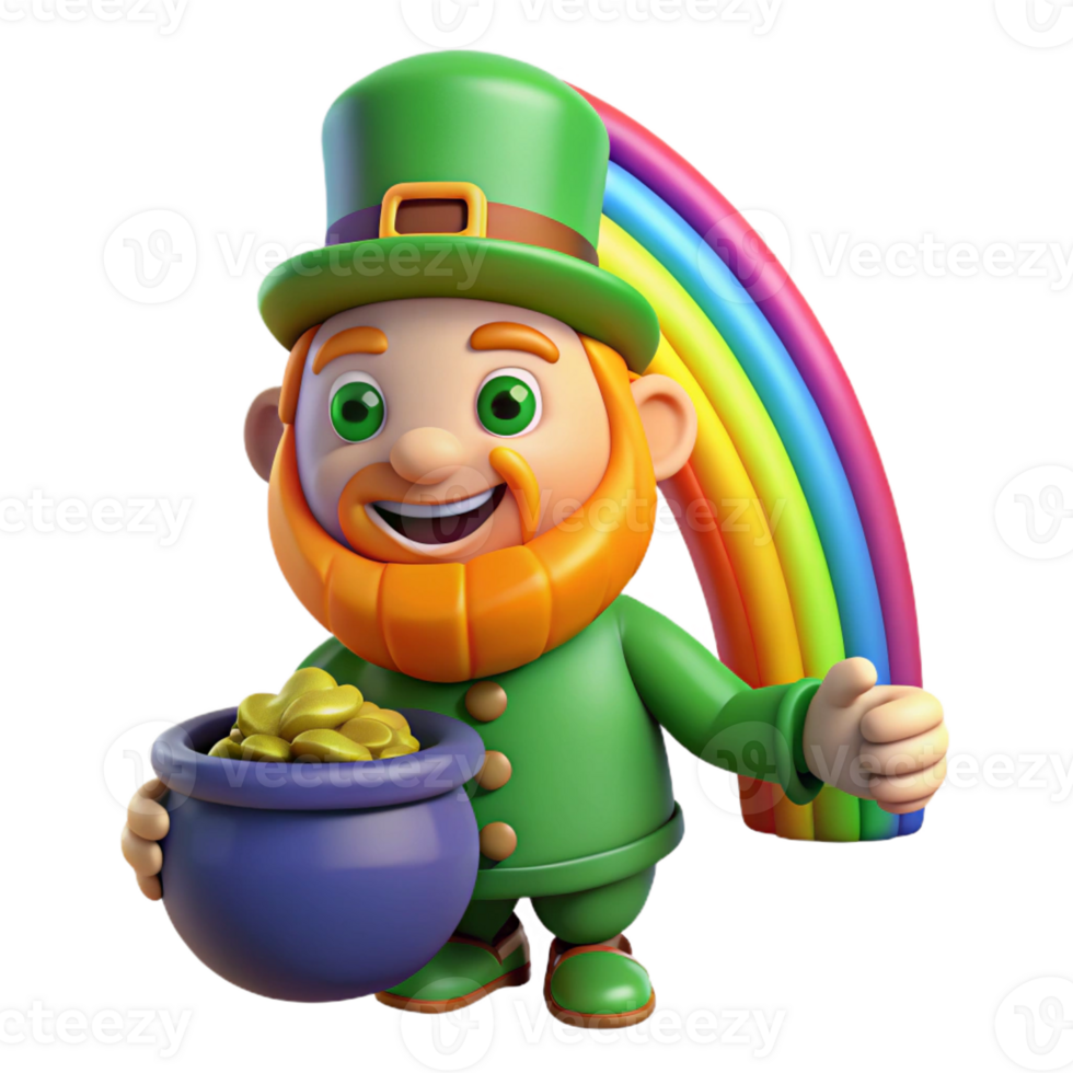 elegant minimalist A mischievous leprechaun guarding a pot of gold at the end of a rainbow, lit by the vibrant colors of the rainbow, in a cartoon style high quality png