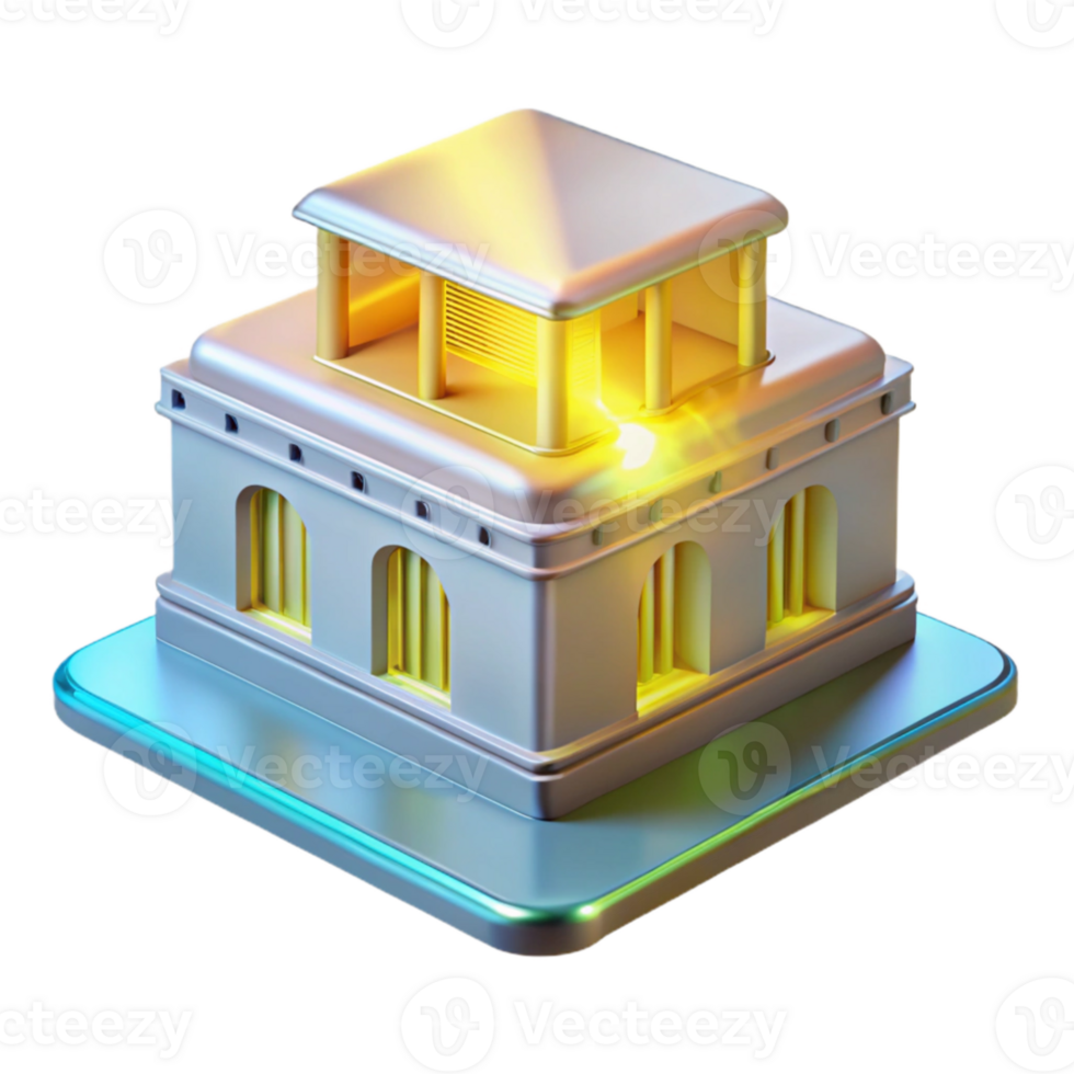 vibrant rustic A holographic projector displaying a 3D model of a building, warm yellow lighting, architectural style high quality png