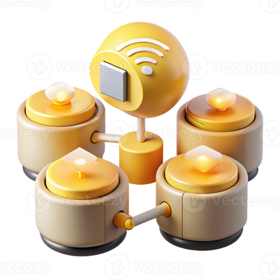 stunning abstract A group of interconnected smart home devices, warm yellow lighting, minimalist style genuine png