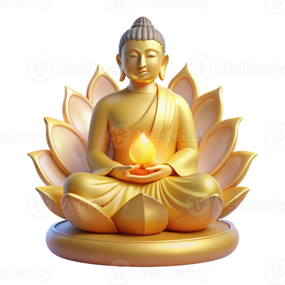 stunning rustic A serene, meditating Buddha statue emanating a golden aura, surrounded by floating, glowing lotuses, illuminated by a soft, divine light. Buddhist art style high resolution png