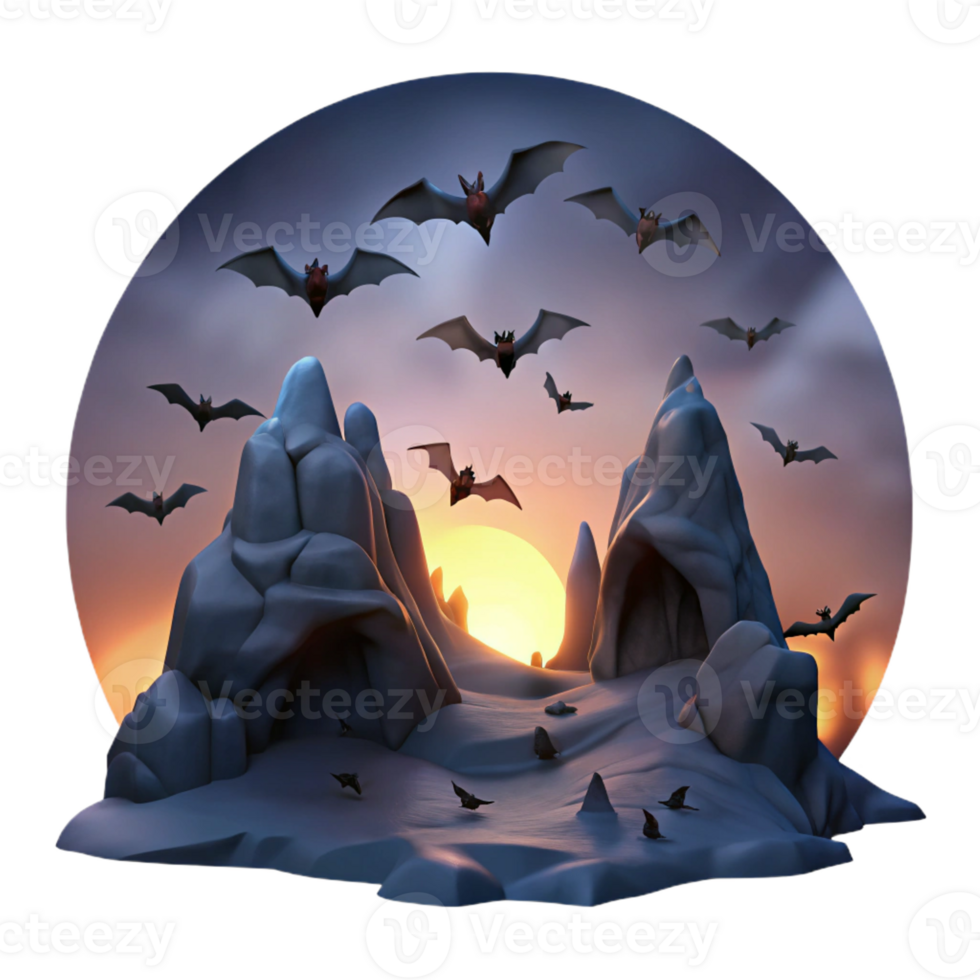 dramatic abstract A colony of bats flying out of a dark cave at dusk, silhouetted against the twilight sky, in a spooky, gothic style premium png