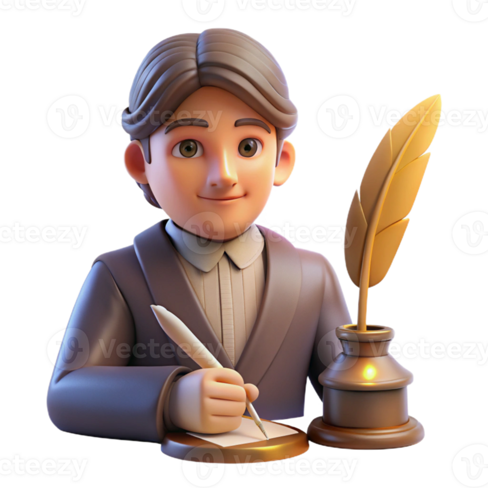 impressive abstract Portrait of an imaginative writer with a quill pen and a thoughtful expression, lit by the warm glow of a desk lamp, in a literary portrait style detailed png