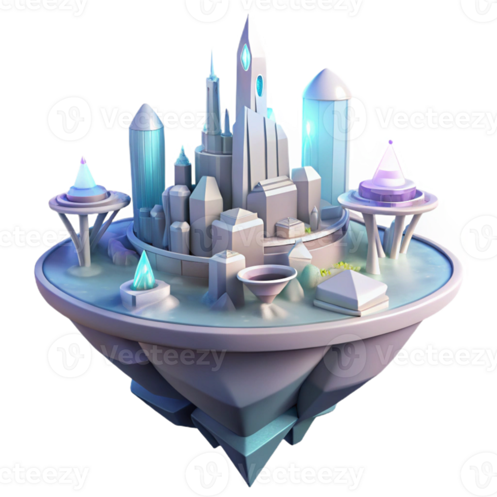 vibrant creative Floating island city, futuristic architecture, crystalline structures, ethereal glow, dreamlike atmosphere genuine png