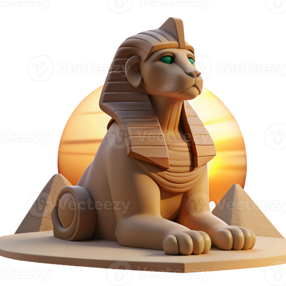 serene artistic A stoic sphinx gazing into the desert horizon, bathed in the warm light of a setting sun. Ancient Egyptian art style original png