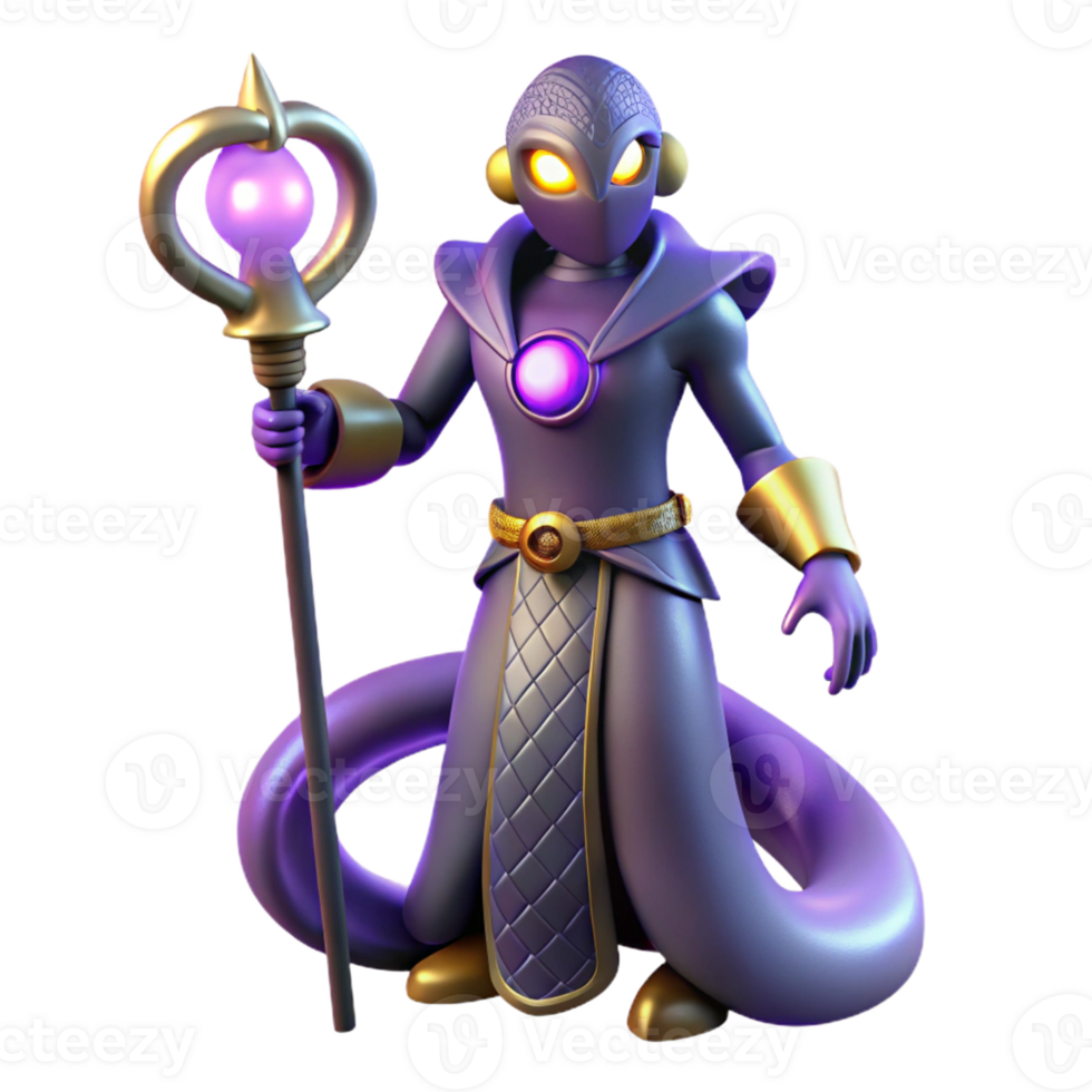 serene creative A mysterious, serpentine superhero with shimmering scales, glowing amethyst eyes, coiled around a staff, dimly lit, art deco style 4K png
