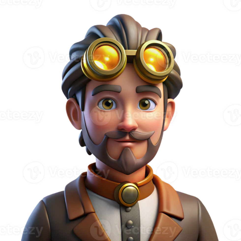 beautiful artistic Portrait of a steampunk inventor with goggles and intricate gears, lit by flickering gaslight, in a steampunk illustration style high resolution png